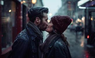 AI generated Man and woman kissing in the rain with love and romance, world kissing day idea photo