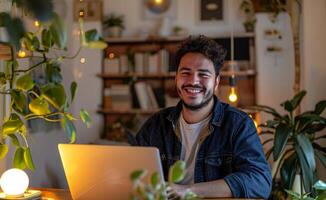 AI generated Smiling man at desk with laptop at home, labour day banner photo