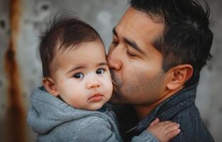 ai generado un hombre cariñosamente Besos su bebé chico en un reconfortante momento de paternal afecto, linda Beso foto