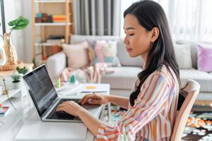 AI generated A woman sits at a desk using a laptop in a living room, labour day image photo