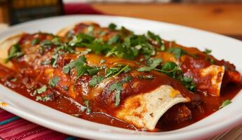 AI generated Mexican enchiladas served on a white plate, authentic mexican cuisine image photo