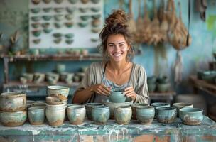 AI generated A woman works on pottery in a studio, world art day illustration photo