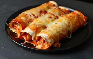 AI generated Rolled enchiladas served on a black plate, mexican food background image photo