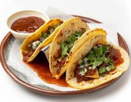 AI generated Tacos with sauce on plate, colorful mexican food photo