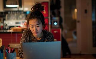 AI generated A woman is working on a laptop at home, labour day design photo