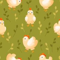 Seamless pattern with white chickens on a green meadow with foliage. Seamless pattern with domestic farm poultry on the lawn. Texture, background suitable for Easter card, textile, wrapping paper vector