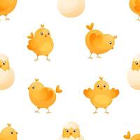 Seamless pattern with yellow chickens on a white background. Farm domestic small birds. Easter chicks. Vector pattern, background with chickens and foliage. Suitable for packaging design, textiles