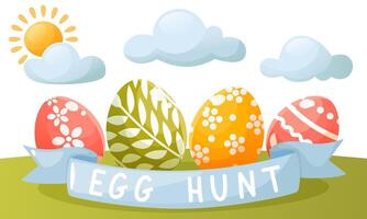 Colorful poster, banner on the theme of Easter egg hunt, Happy Easter. Multi-colored painted Easter eggs with ribbon and text on a green meadow with sun and clouds. Spring vector illustration.