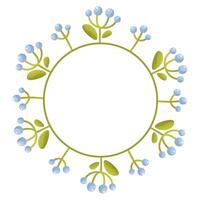 Cute floral wreath with different flowers on the stem, leaves, space for text. vector