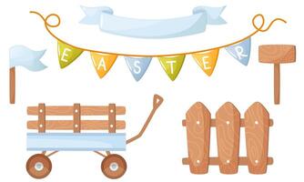 Easter set of cute items. Ribbons, flags, wooden sign, fence, wheelbarrow, van. Easter items clipart for creating designs for greeting cards, banners, posters on the theme of happy easter. vector