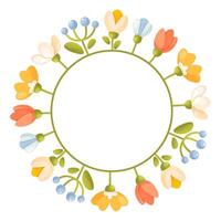 Cute floral wreath with different flowers on the stem, leaves, space for text. vector