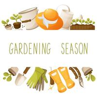 Vector design template on a garden theme, with gardening tools. With space for text in the middle. Gardening season, agricultural season. Square template frame for invitations, posters, cards