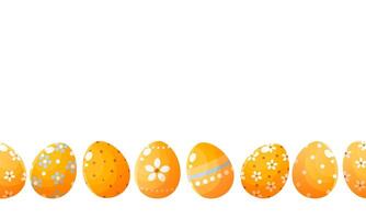 Seamless horizontal border of Easter yellow eggs with cute patterns. Happy easter. Easter banner, card, poster.Design element. Vector illustration on a white background.