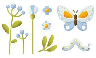 Blue, blue flowers, green leaves, blue butterfly and caterpillar. Summer flowers and insects vector