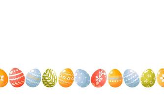 Seamless horizontal border of Easter colorful eggs with cute patterns. Happy easter. Easter banner, card, poster.Design element. Vector illustration on a white background.