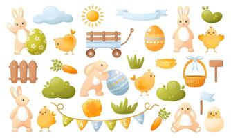 Large Easter set of elements for design. Egg hunt. Set with cute characters and festive decor. Eggs, rabbit, chick, spring bushes, grass, sun and clouds, basket, holiday Easter decorations. vector