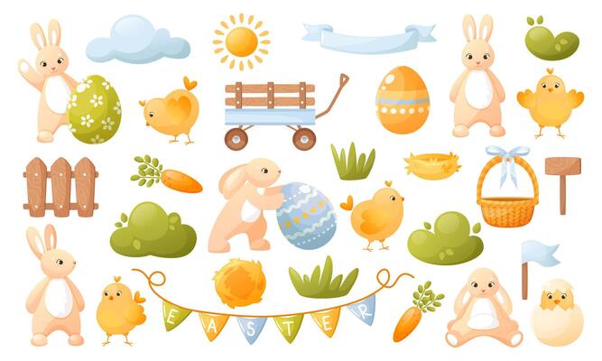 Large Easter set of elements for design. Egg hunt. Set with cute characters and festive decor. Eggs, rabbit, chick, spring bushes, grass, sun and clouds, basket, holiday Easter decorations.