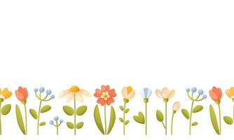 Horizontal seamless border along the bottom edge of spring summer flowers. Floral seamless pattern on a white background. Spring background. Vector design for paper, cover, fabric, interior decor.