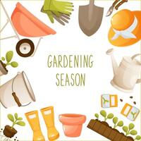 Vector design template on a garden theme, with gardening tools. With space for text in the middle. Gardening season, agricultural season. Square template frame for invitations, posters, cards