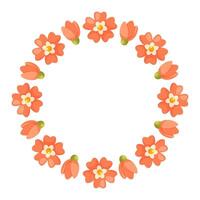 Spring summer wreath of pink red flowers. Vector illustration of a round wreath with place for text on a white background. The illustration is suitable for the design of holiday cards, posters.
