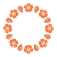 Spring summer wreath of pink red flowers. Vector illustration of a round wreath with place for text on a white background. The illustration is suitable for the design of holiday cards, posters.