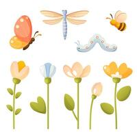 Set of spring flowers and insects. Forest and garden flowering plants with green leaves. vector