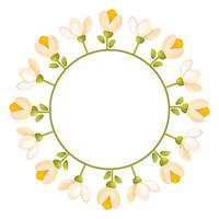 Cute floral wreath with different flowers on the stem, leaves, space for text. vector