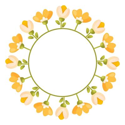 Cute floral wreath with different flowers on the stem, leaves, space for text.