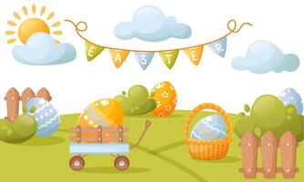 Vector cute illustration of an Easter egg hunt, Easter painted eggs hidden in the bushes and grass. Suitable for Easter banners, invitations, cards, flyers.