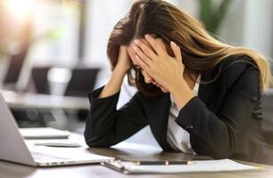 AI generated A businesswoman holds her head on a desk in frustration feeling overwhelmed with work stress, labour day theme photo