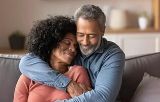 AI generated Older couple hugging on couch expressing love, emotional kiss picture photo