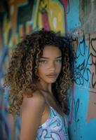 AI generated Young woman with curly hair posing in front of graffiti wall, world art day illustration photo