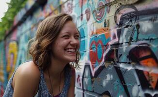 AI generated Woman smiles near vibrant graffiti wall, world art day creative shot photo