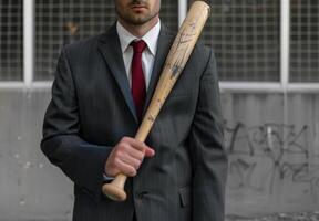 AI generated A businessman in a suit holding a baseball bat, labour day design photo