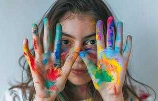 ai generado un niña cubierta manos con pintar creando vistoso arte, artístico celebraciones idea foto