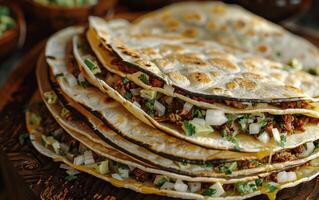 ai generado tacos apilado arriba en un mesa en un restaurante configuración, mexicano comida antecedentes imagen foto