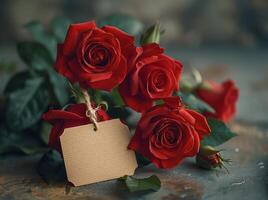 AI generated Red roses and brown tag on table, inflation around the world design photo