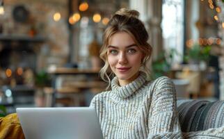 AI generated Woman sitting on couch working on laptop, labour day background photo