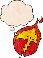 cartoon flaming heart with thought bubble in grunge texture style png