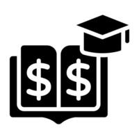 Dollar on booklet with mortarboard, solid design of finance education icon vector