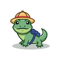 Cute Gecko Mascot Vector Illustration. Gecko With Hat And Backpack Isolated On White Background.