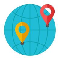 Globe with pins, flat design of global location vector