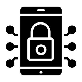 Padlock inside smartphone with nodes, mobile security icon vector
