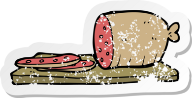 retro distressed sticker of a cartoon sliced sausage png