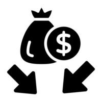 Money bag with downward arrows, investment loss icon vector