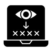 Passcode inside laptop with eye, icon of password monitoring vector