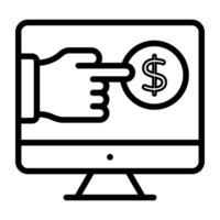 Hand clicking dollar inside montor, pay per click icon vector