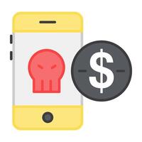 Skull inside mobile with dollar, icon of hacked money vector