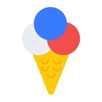 Sweet ice cream with melted cream, flat vector design of ice cone