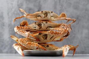 Stacked Steamed Flower Blue Crab on Cement Background photo